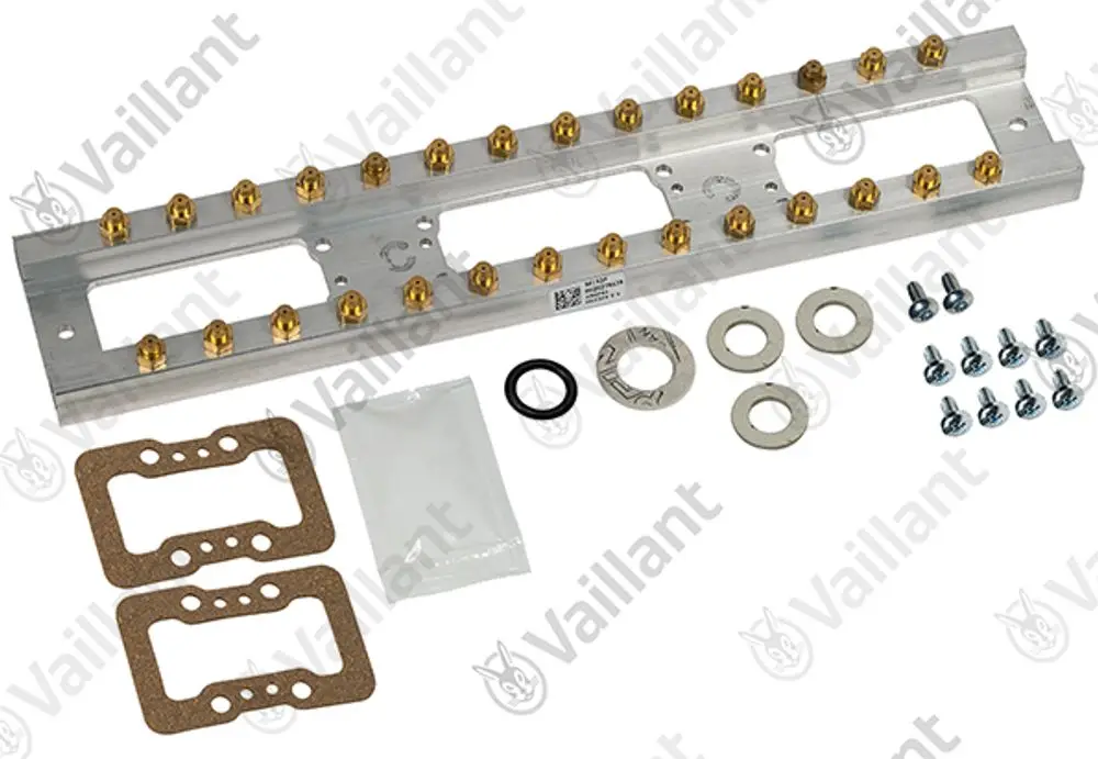 Vaillant Düsenstock mit mehreren Düsen sowie Montageschrauben, Unterlegscheiben und Dichtungen in einem klaren Layout auf einem weißen Hintergrund.